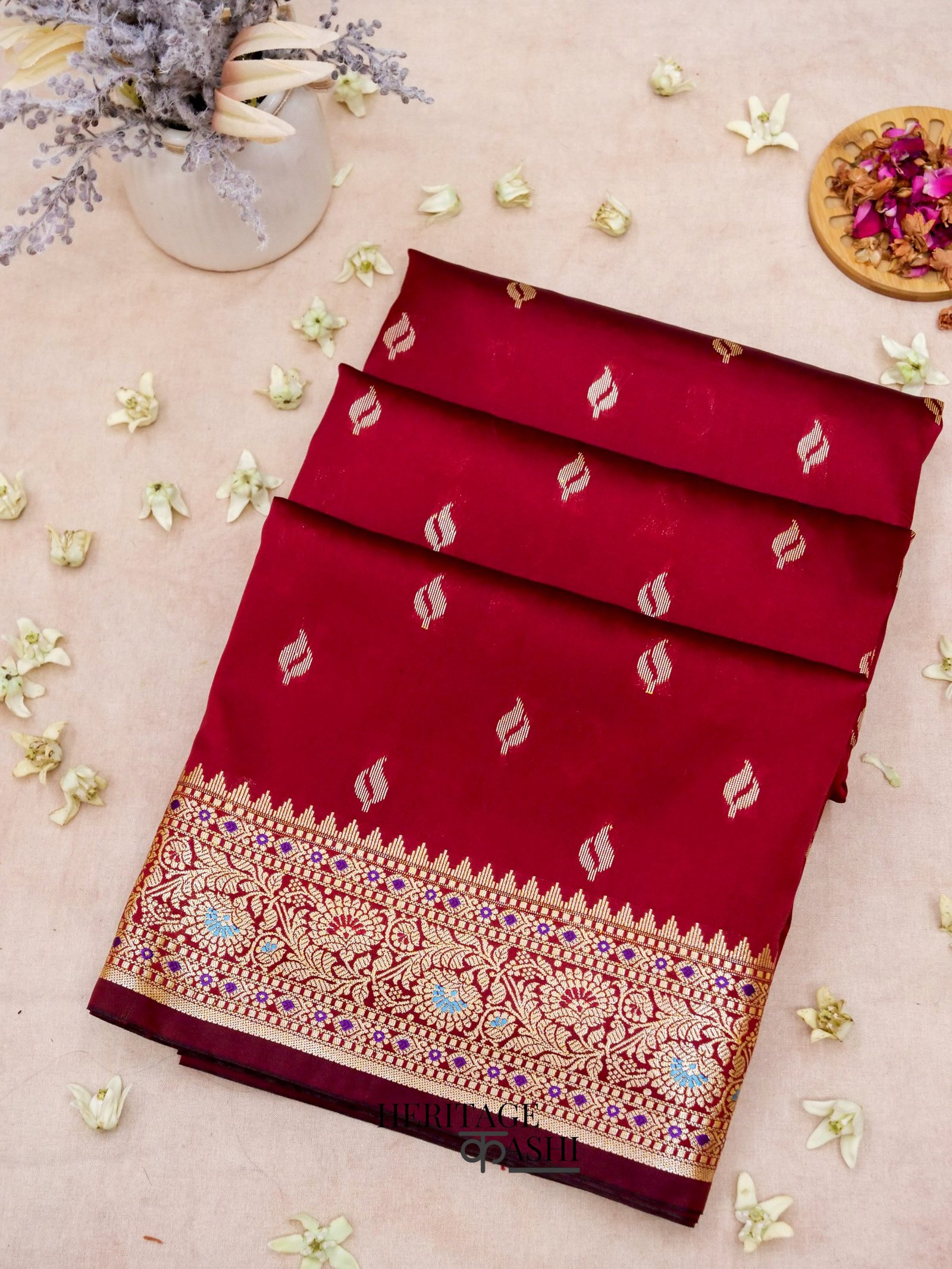 Blood Red Katan Silk Buti With Minakari Border Saree