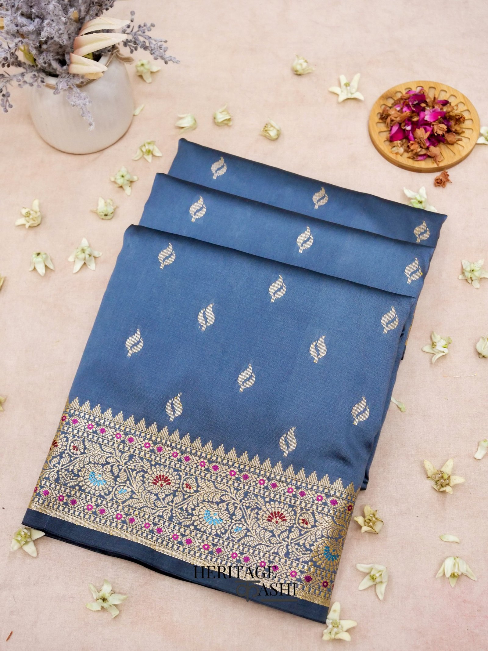 Dusky Blue Katan Silk Buti With Minakari Border Saree