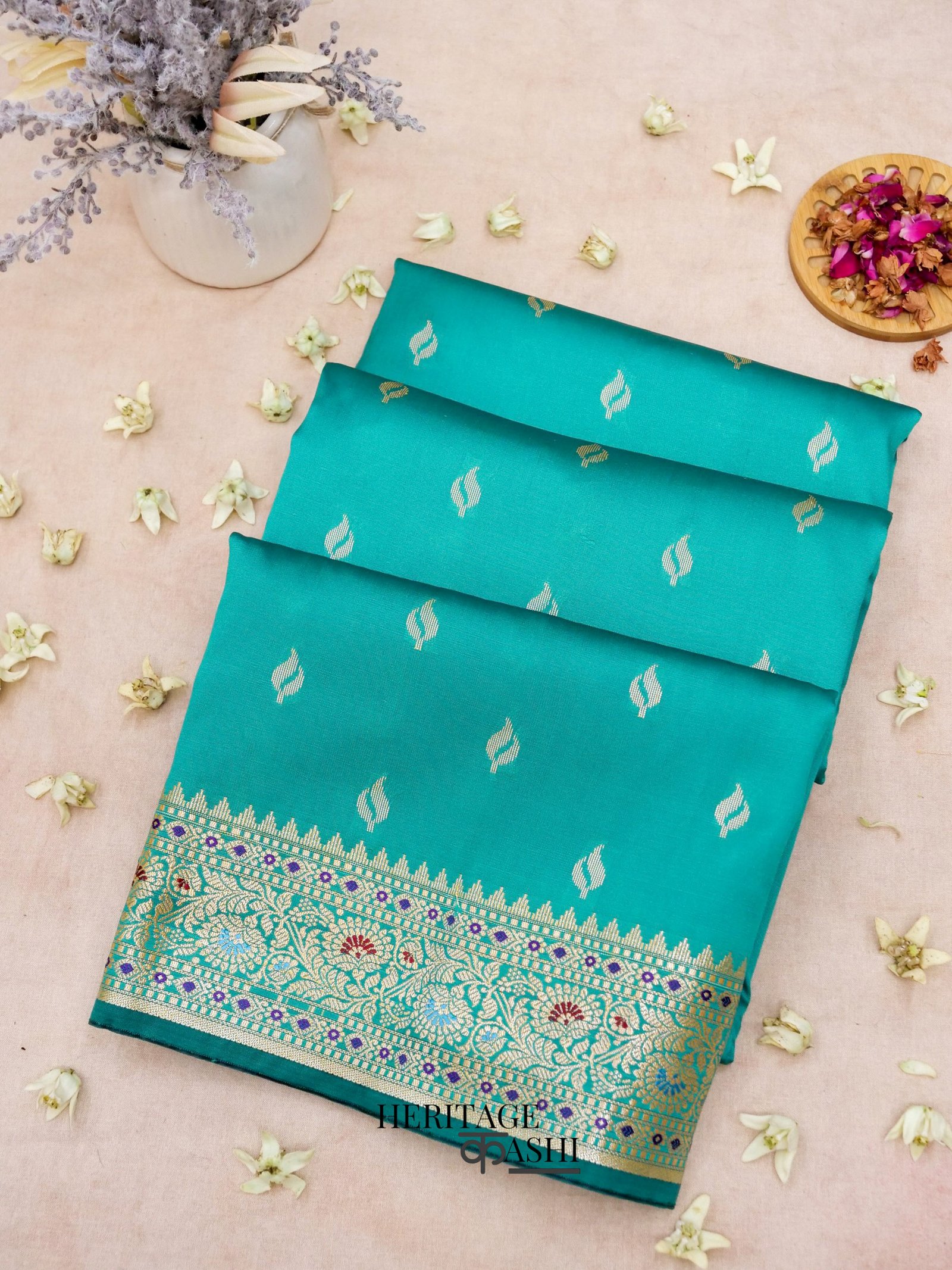 Teal Green Katan Silk Buti With Minakari Border Saree