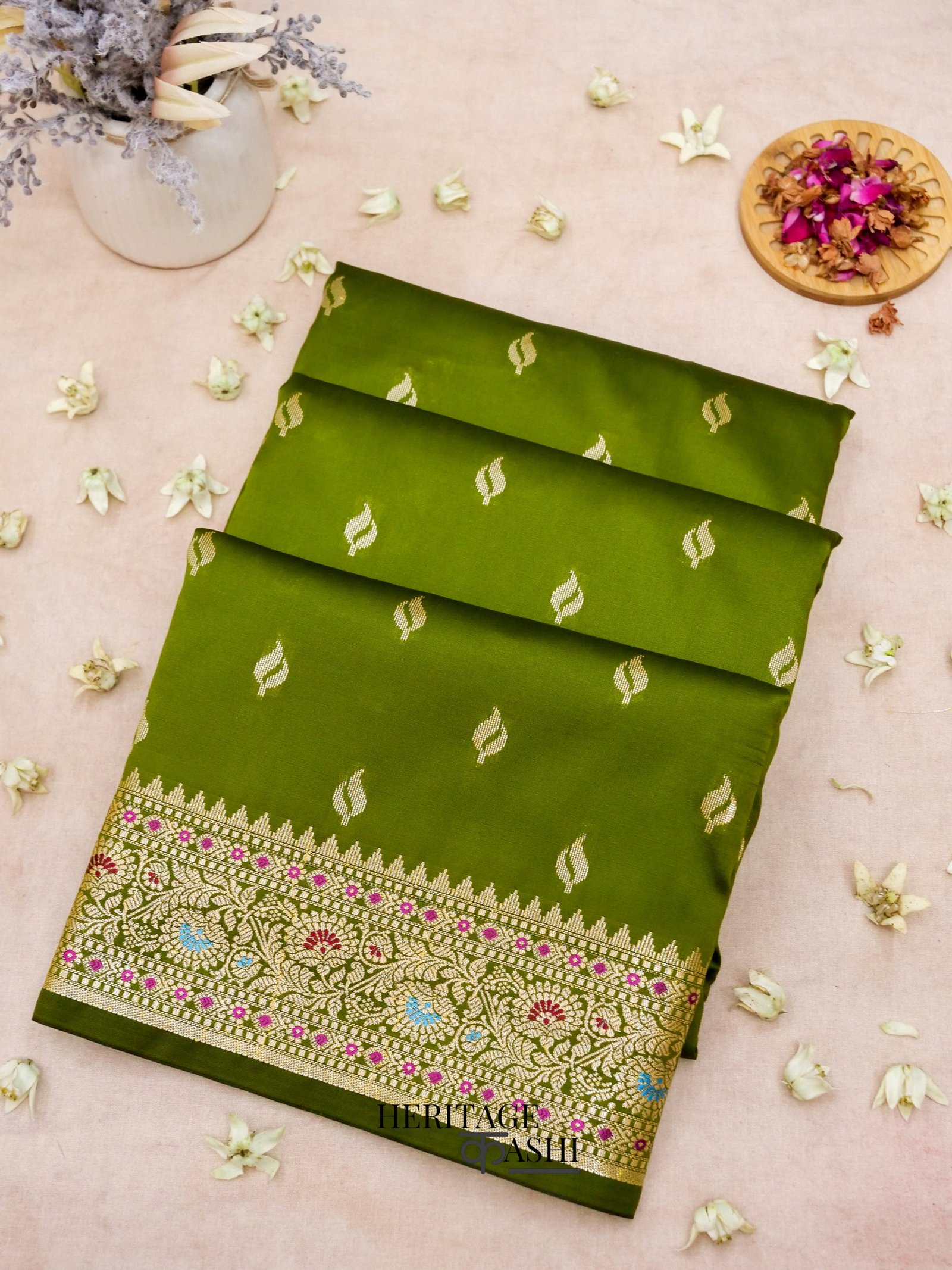 Olive Green Katan Silk Buti With Minakari Border Saree