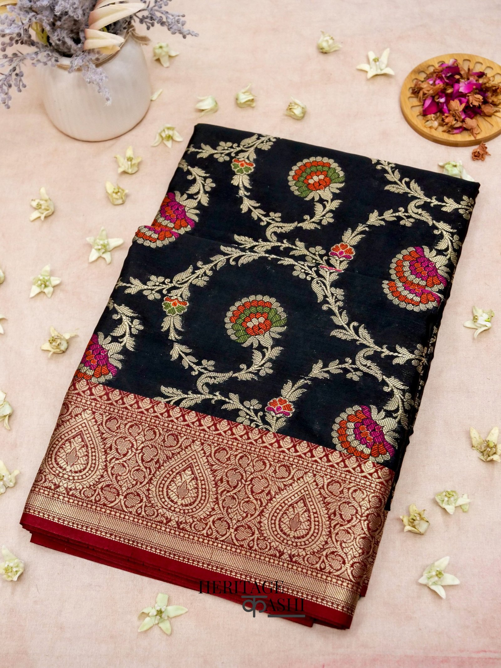 Black Katan Floral Tilfi Jaal Saree