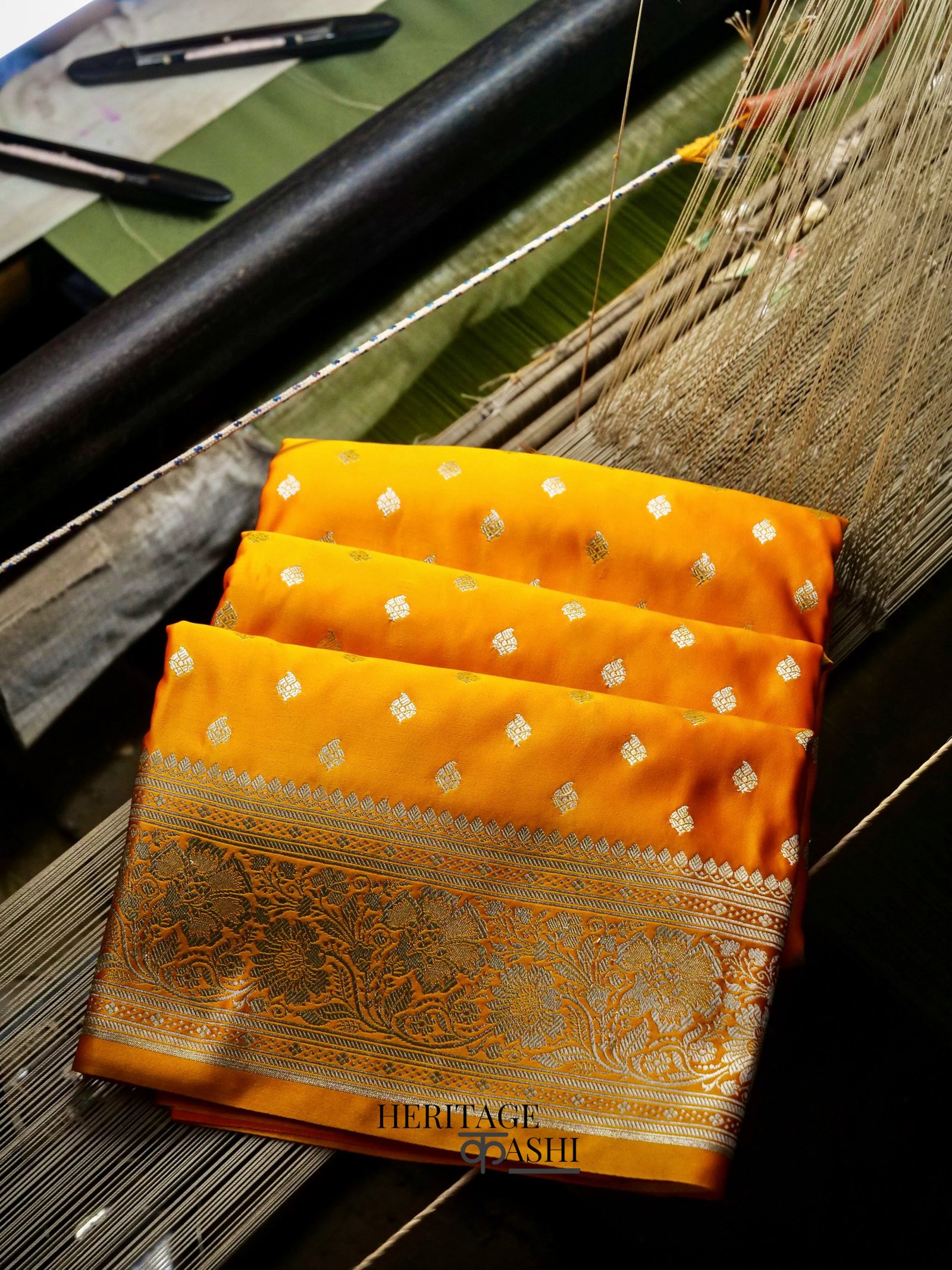 Orange Mashru Silk Buti Handloom Saree