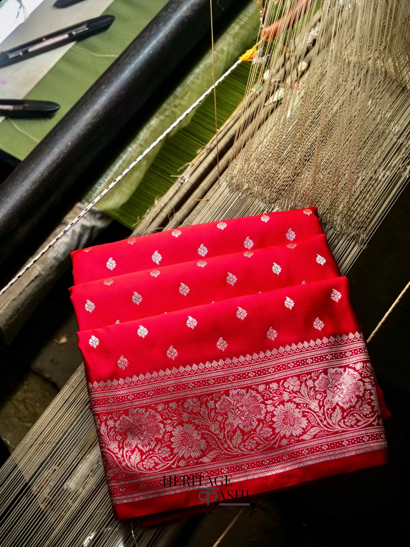 Crimson Red Mashru Silk Buti Handloom Saree