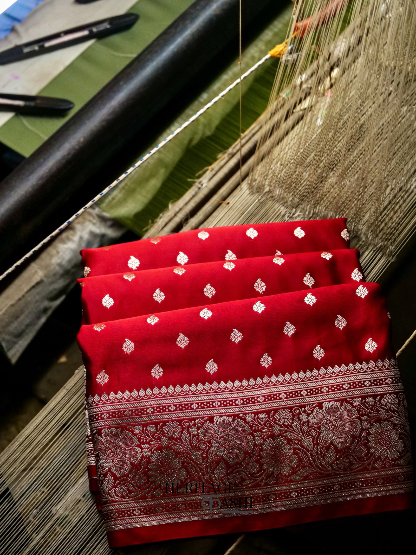 Blood Red Mashru Silk Buti Handloom Saree