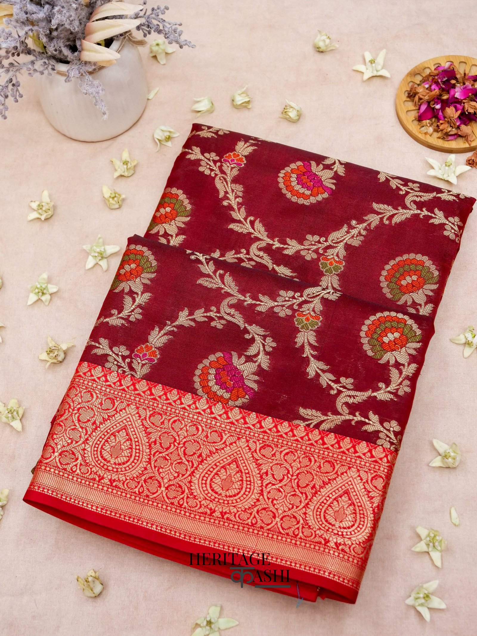 Maroon Katan Floral Tilfi Jaal Saree