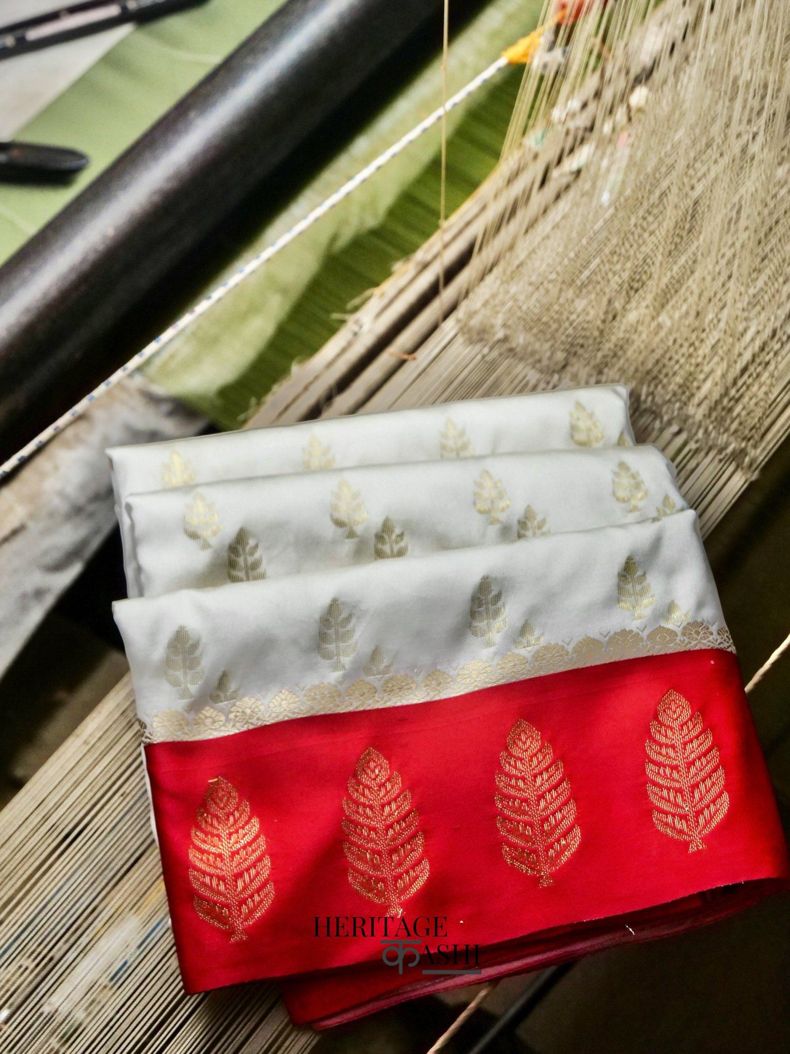 White Red Katan Silk Golden Leaf Motifs Saree