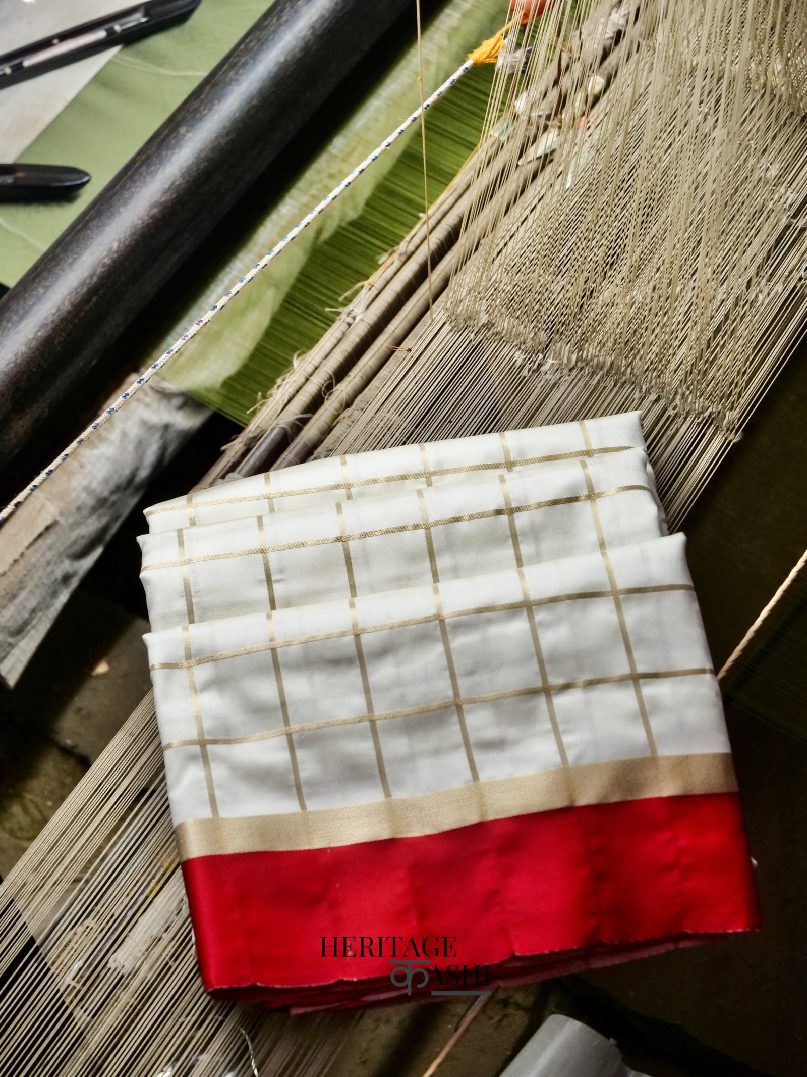 White Red Katan Silk Golden Checks Saree