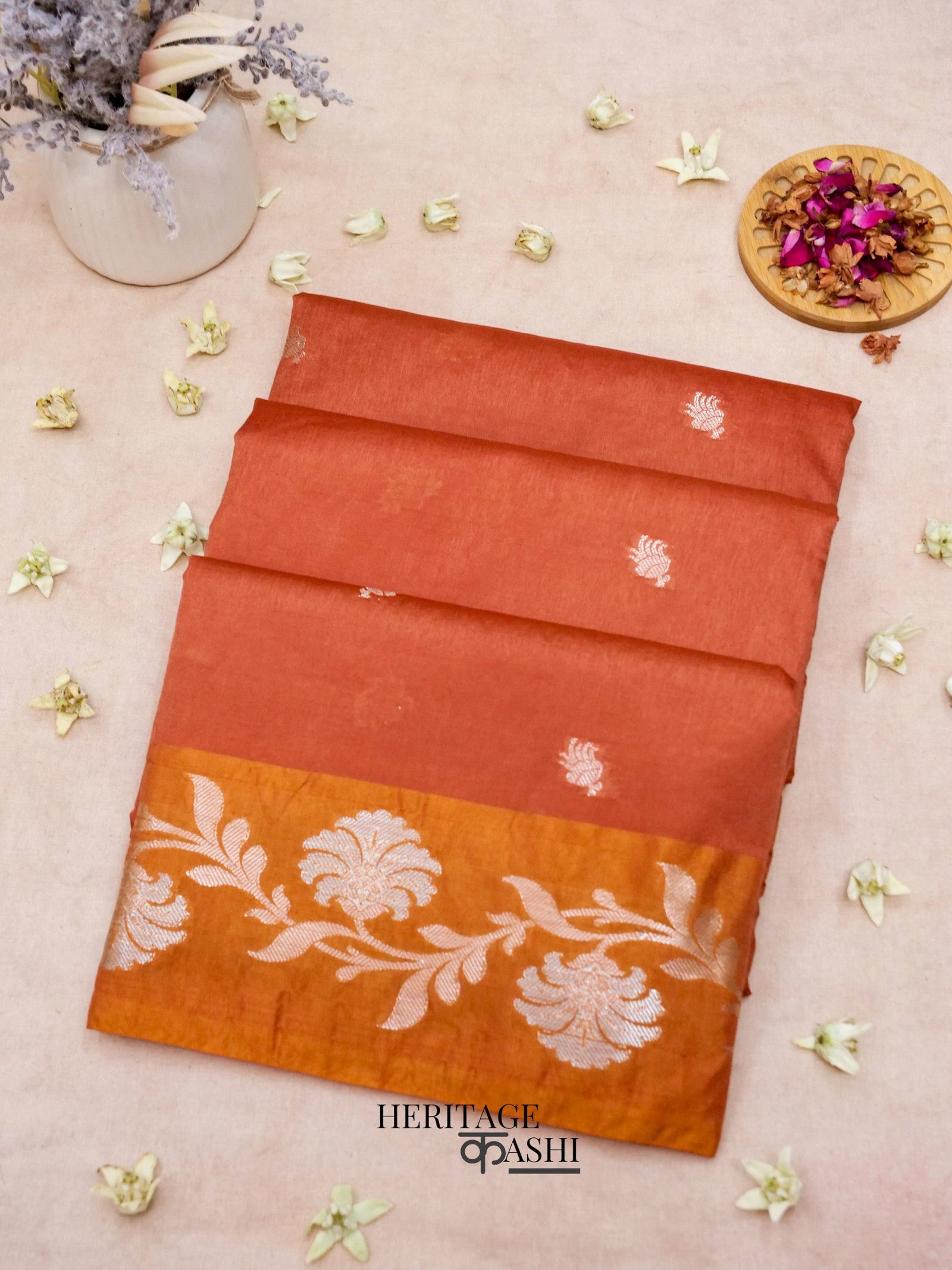 Rust Orange Mango Silk Banarasi Jaal Border Saree