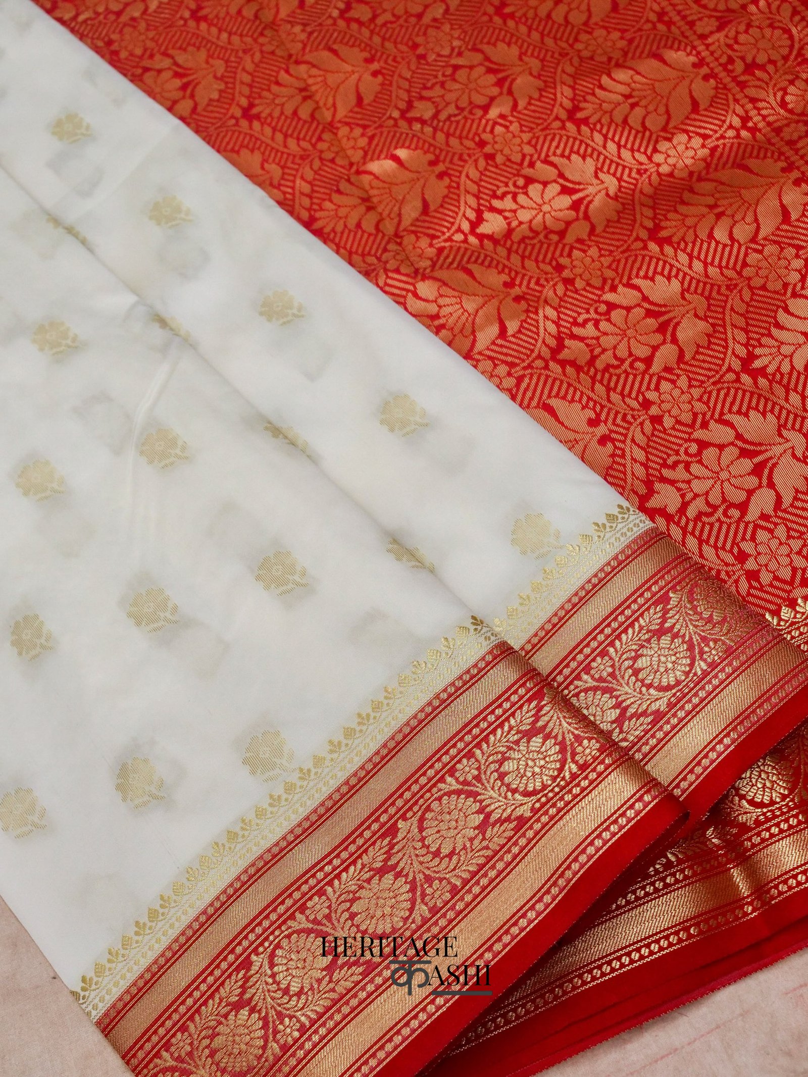 White Red Katan Silk Heavy Banarasi Zari Pallu Saree