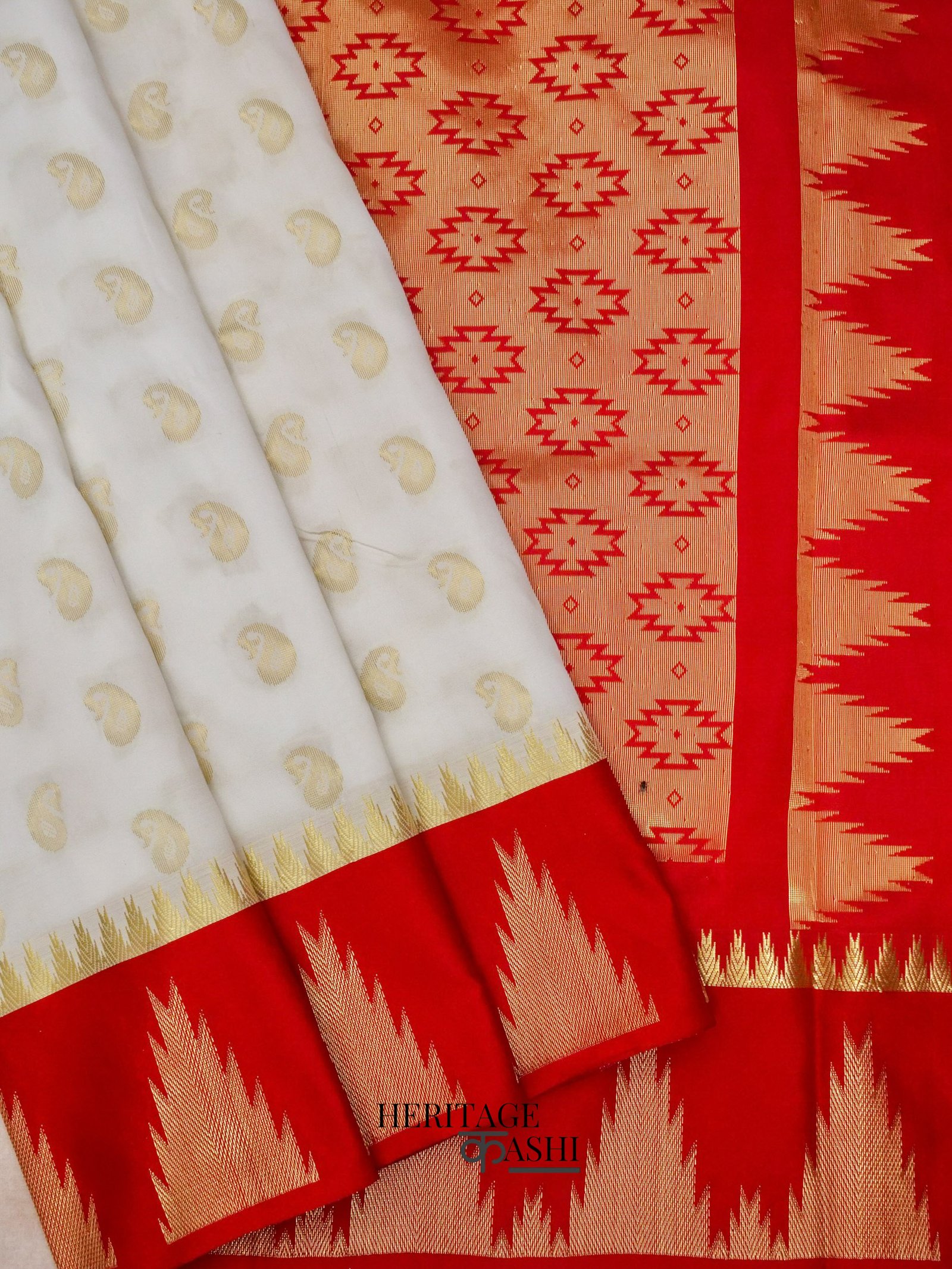 White Red Katan Silk Temple Border Geometric Pallu Saree