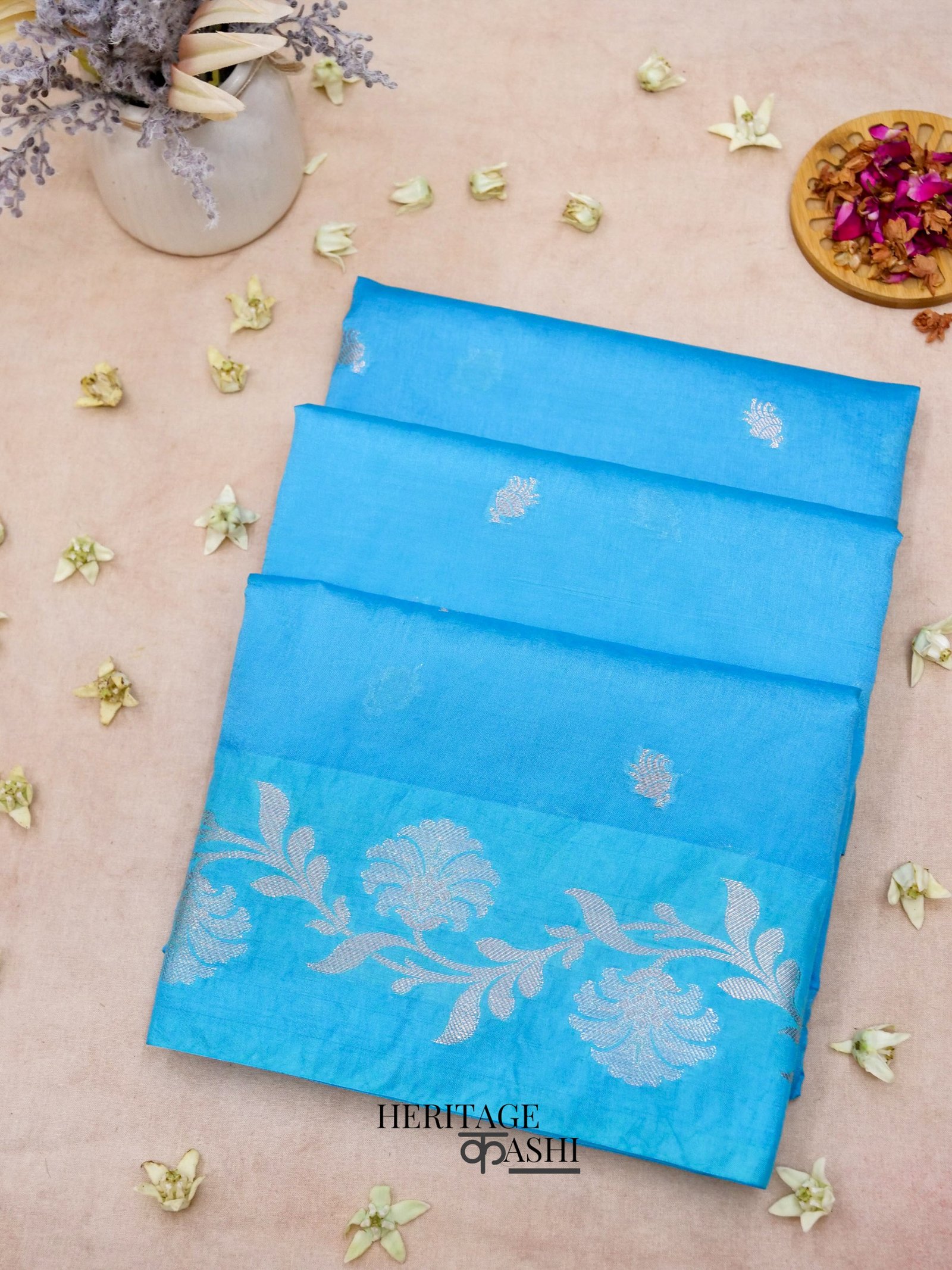 Sky Blue Mango Silk Banarasi Jaal Border Saree