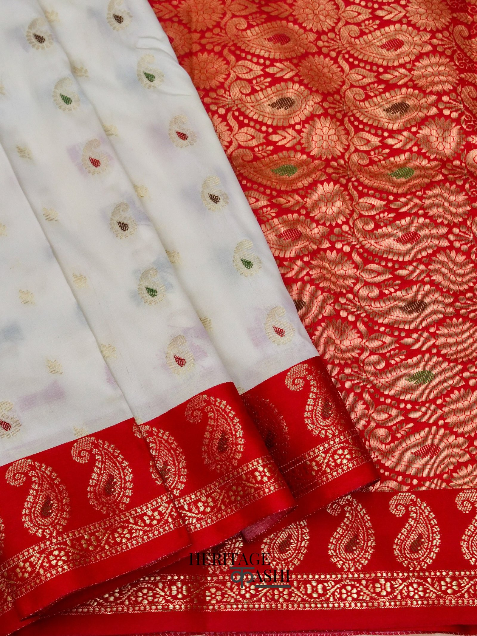 White Red Katan Silk Multicolor Paisley Banarasi Pallu Saree