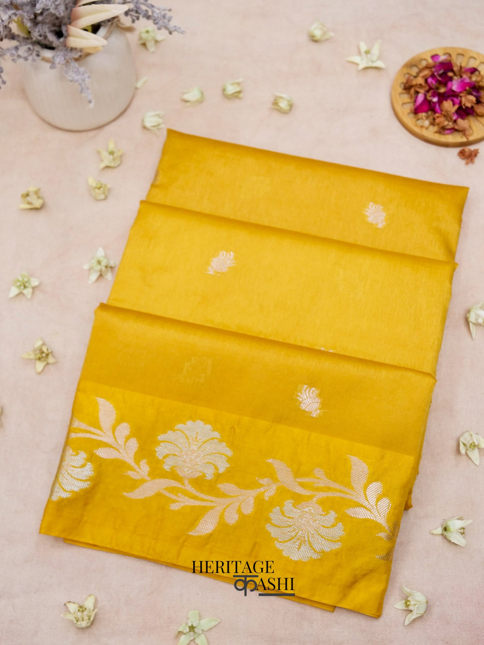 Yellow Mango Silk Banarasi Jaal Border Saree