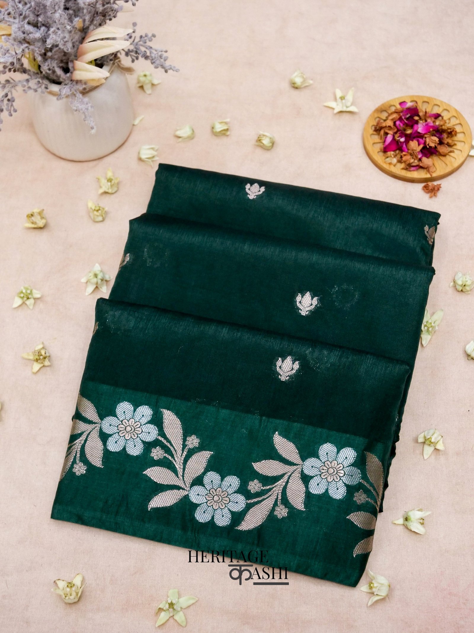 Emerald Green Mango Silk Banarasi Jaal Border Saree