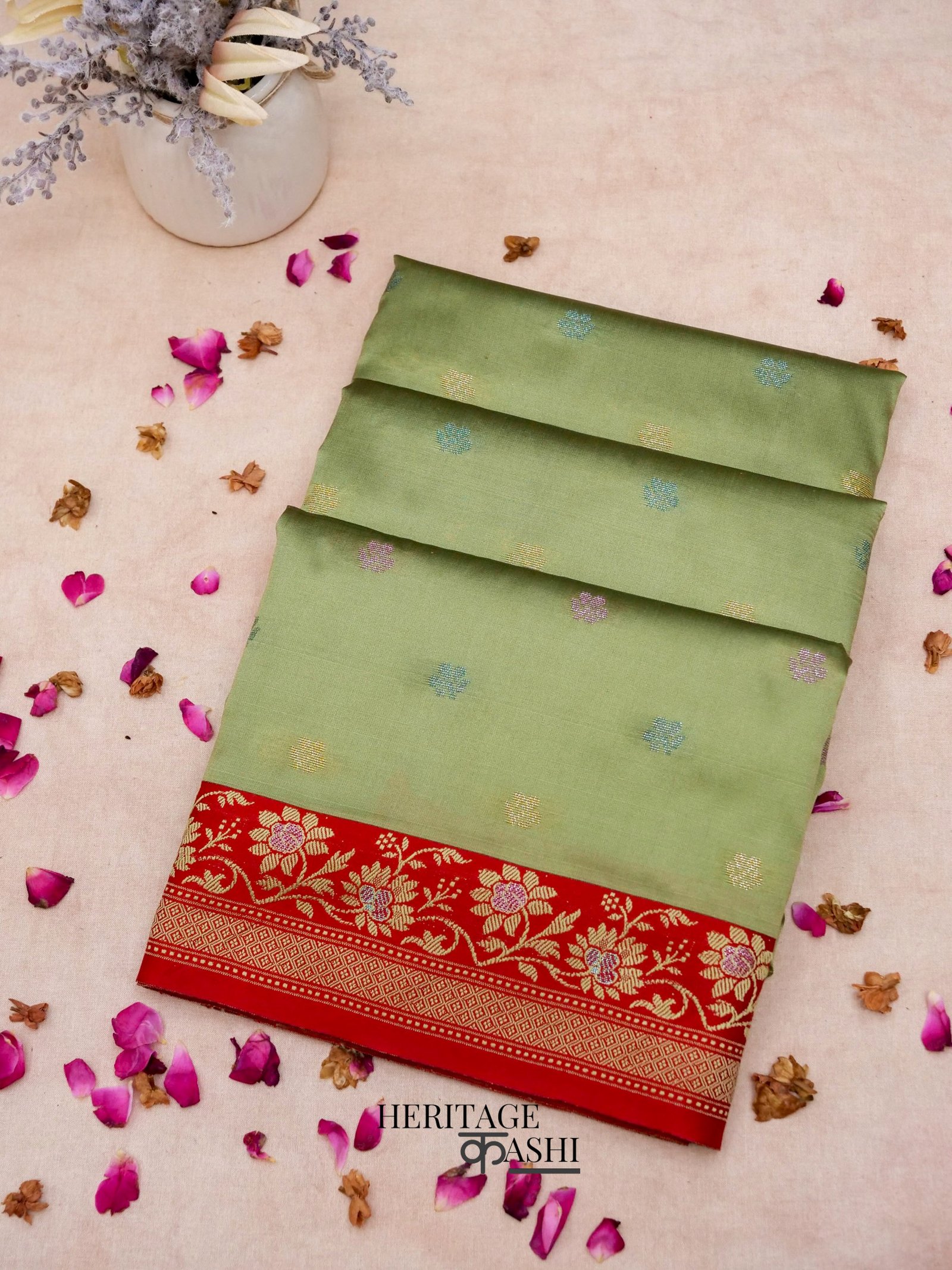 Olive Green Banarasi Soft Silk Ganga Jamuna Saree
