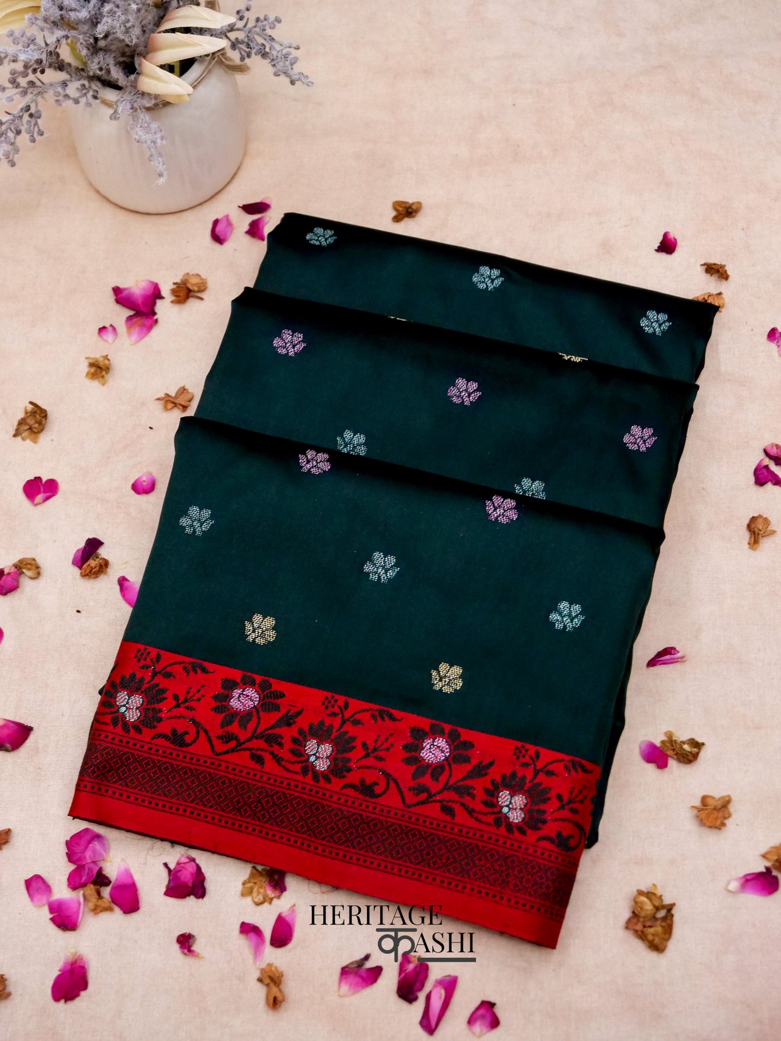 Dark Green Banarasi Soft Silk Ganga Jamuna Saree